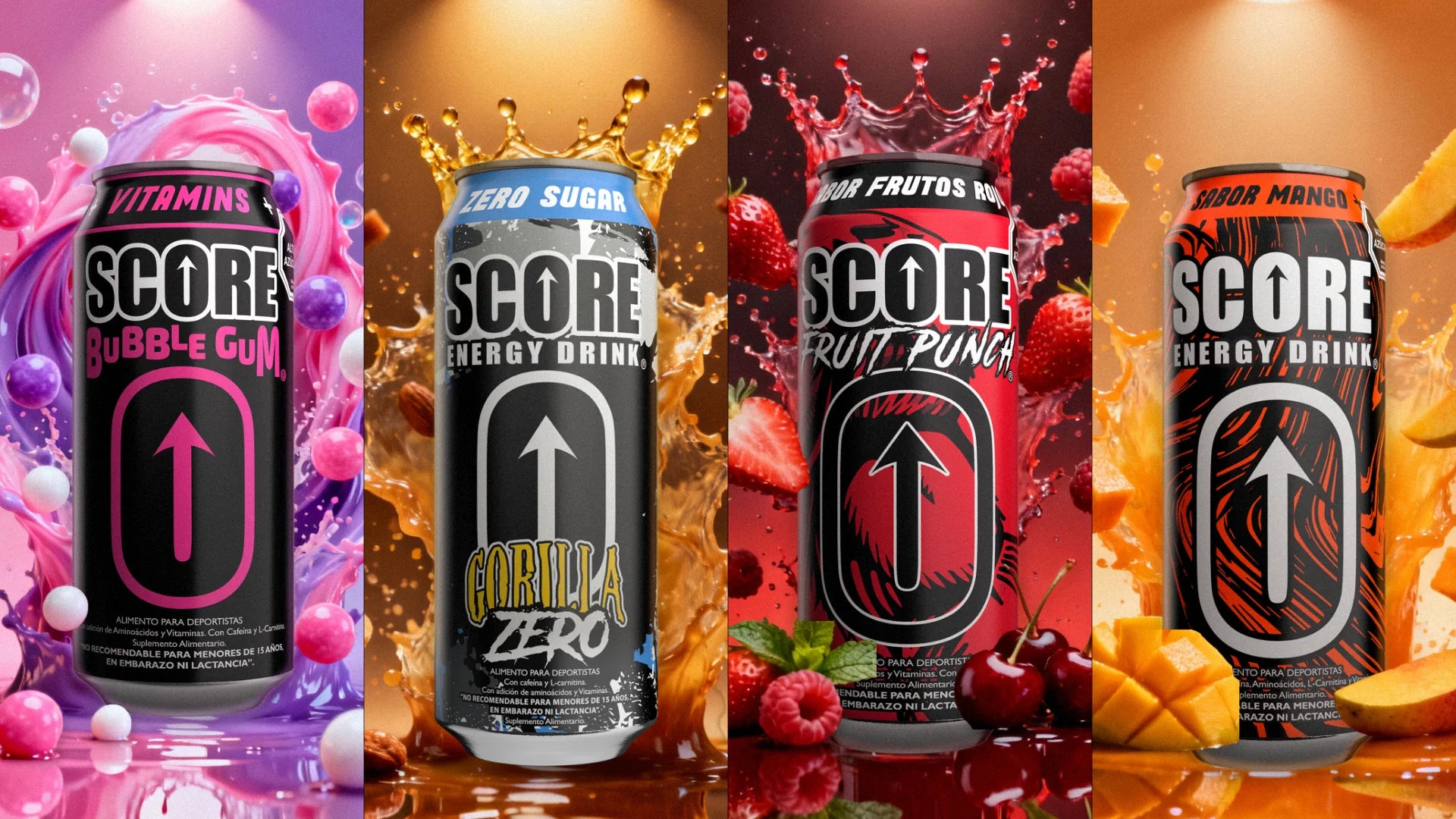Latas Score Bubble Gum, Gorilla Zero, Fruit Punch y Mango